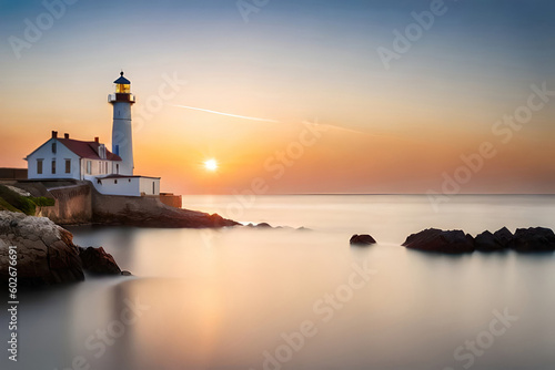 Lighthouse on sunset, generative ai