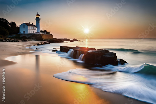 Lighthouse on sunset, generative ai