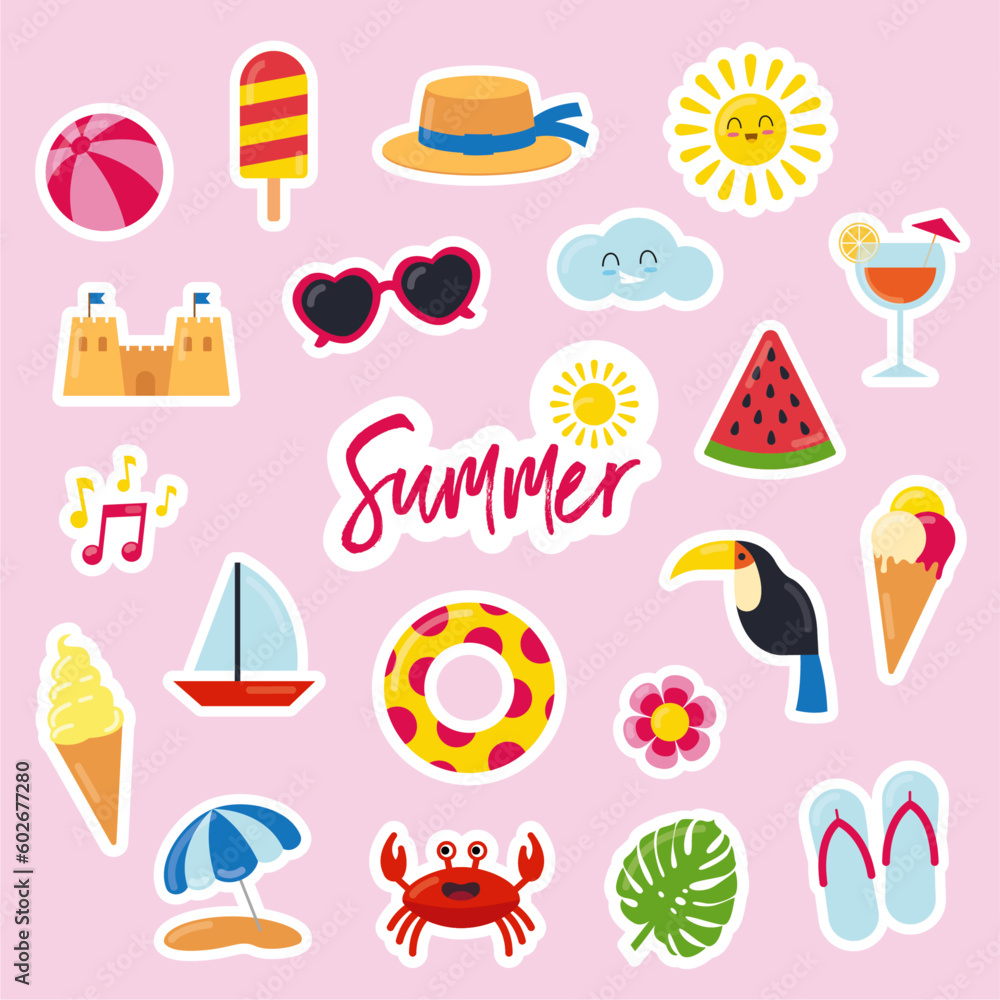 Pack of colorful and cute summer themed stickers for kids. Vector illustrations of beach, ice cream, sea, sun, toucan, watermelon.. Pack of colorful and cute summer themed stickers for kids. Vector illustrations of beach, ice cream, sea, sun, toucan, watermelon..