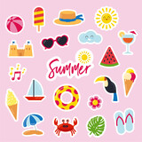 Pack of colorful and cute summer themed stickers for kids. Vector illustrations of beach, ice cream, sea, sun, toucan, watermelon..