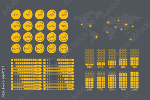 5 10 15 20 25 30 35 40 45 50 55 60 65 70 75 80 85 90 95 100 percent chart. World map. Vector percentage set for download, infographic set, progress, business, finance, report, presentation