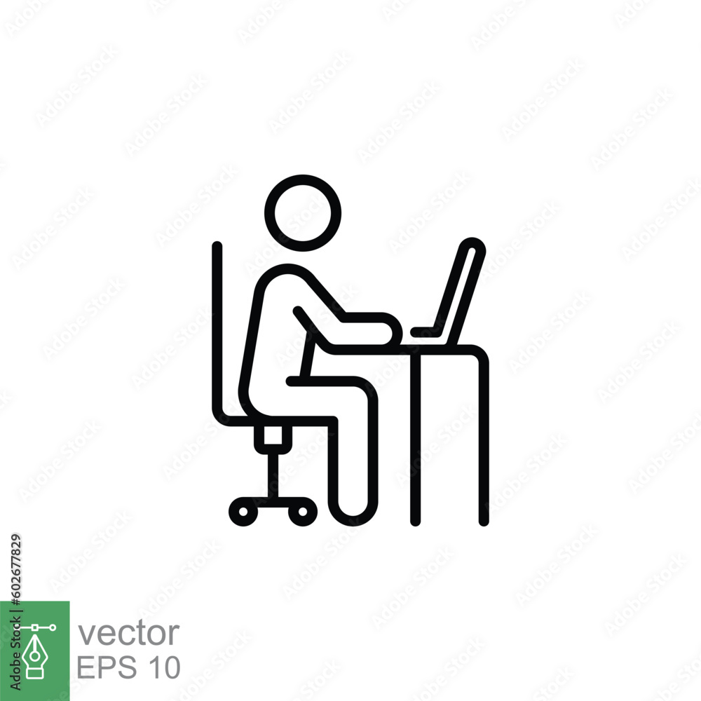 Man behind computer desk icon. Simple outline style. Person, work, laptop, table, chair office, workspace concept. Thin line symbol. Vector illustration isolated on white background. EPS 10.