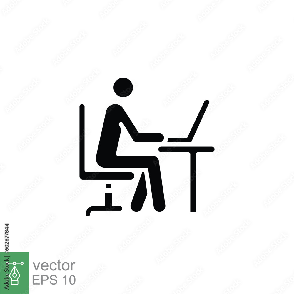 Man behind computer desk icon. Simple solid style. Person, work, laptop, table, chair office concept. Black silhouette, glyph symbol. Vector illustration isolated on white background. EPS 10. Man behind computer desk icon. Simple solid style. Person, work, laptop, table, chair office concept. Black silhouette, glyph symbol. Vector illustration isolated on white background. EPS 10.