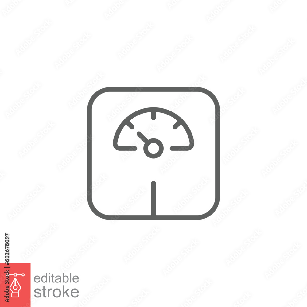 Weight scale icon. Simple outline style. Weight loss, body balance, overweight, diet, measurement concept. Thin line symbol. Vector illustration isolated on white background. Editable stroke EPS 10. Weight scale icon. Simple outline style. Weight loss, body balance, overweight, diet, measurement concept. Thin line symbol. Vector illustration isolated on white background. Editable stroke EPS 10.