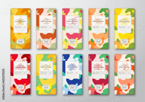 Chocolate Label Template Set. Abstract Shapes Vector Packaging Design Layout with Realistic Shadows Hand Drawn Fruit Berries Silhouette and Colorful Camouflage Pattern Backgrounds Collection Isolated