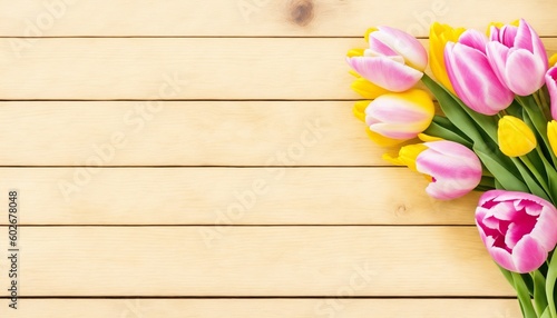 Tulip border with copy space. Beautiful frame composition of spring flowers. Bouquet of pink tulips flowers on yellow vintage wooden background (Generative AI) © Aimages