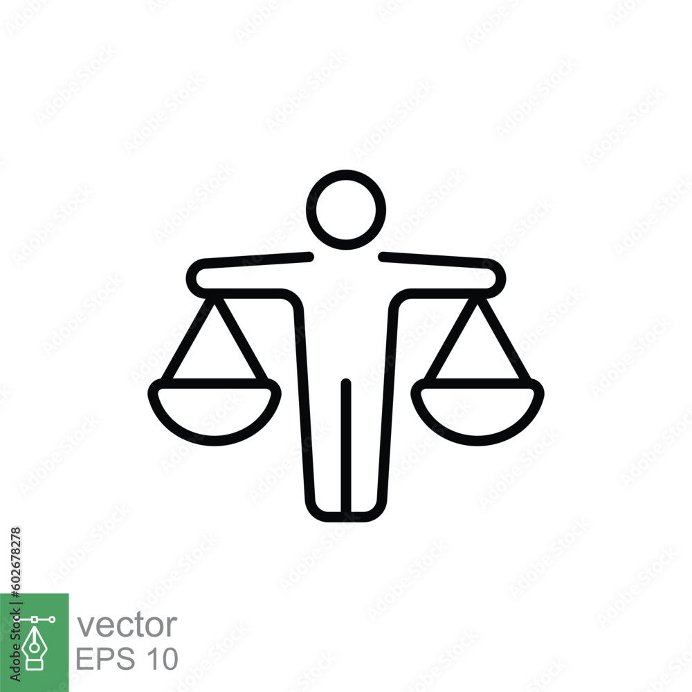 Man with scales icon. Simple outline style. Lawyer, people, truth, legal, law, balance, equality concept. Thin line symbol. Vector illustration isolated on white background. EPS 10. Man with scales icon. Simple outline style. Lawyer, people, truth, legal, law, balance, equality concept. Thin line symbol. Vector illustration isolated on white background. EPS 10.