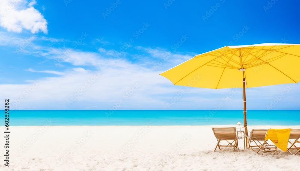 Beautiful beach banner. White sand, chairs and umbrella travel tourism wide panorama background concept. Amazing beach landscape. generative ai