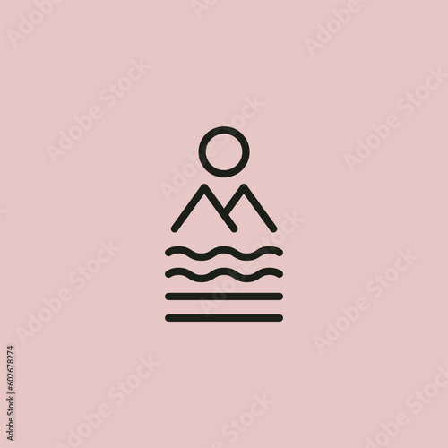 line art mountain logo minimalist vector illustration design ,with waves and sun designs