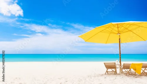 Obraz Beautiful beach banner. White sand, chairs and umbrella travel tourism wide panorama background concept. Amazing beach landscape. generative ai