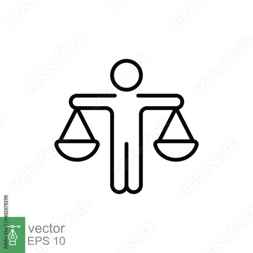 Man with scales icon. Simple outline style. Lawyer, people, truth, legal, law, balance, equality concept. Thin line symbol. Vector illustration isolated on white background. EPS 10.