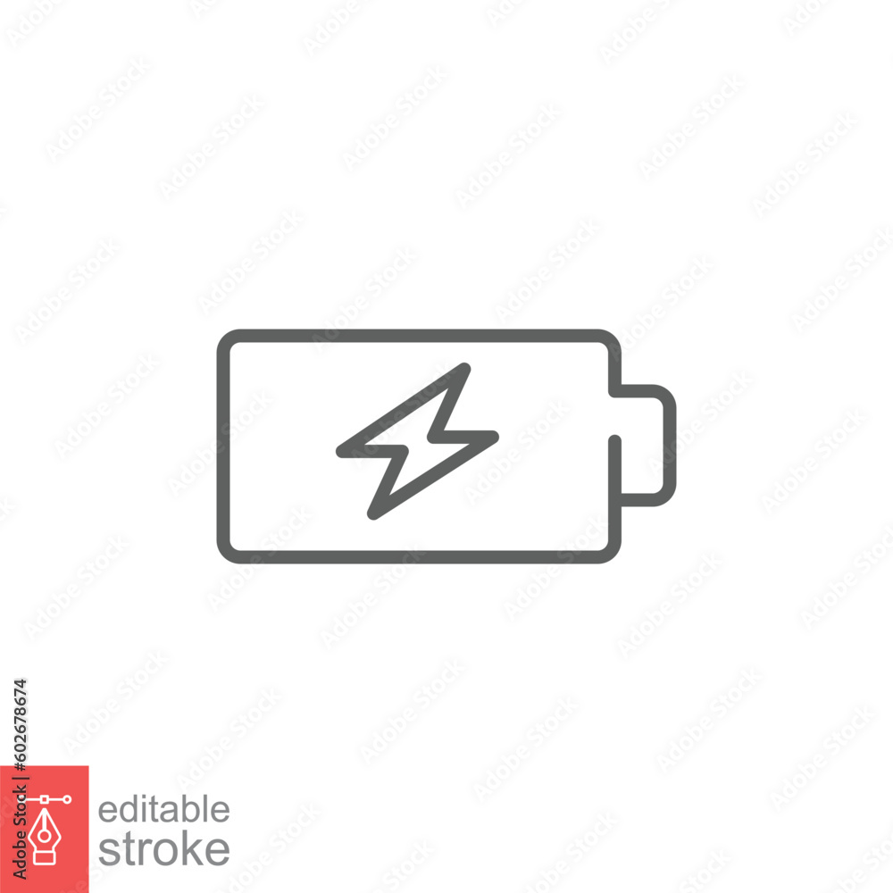 Battery charging icon. Simple outline style. Lightening, power, thunder, technology concept. Thin line symbol. Vector illustration isolated on white background. Editable stroke EPS 10. Battery charging icon. Simple outline style. Lightening, power, thunder, technology concept. Thin line symbol. Vector illustration isolated on white background. Editable stroke EPS 10.