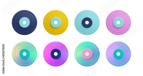 Set of colorful vinyl records in cute 3d style, vector illustration isolated on white background.