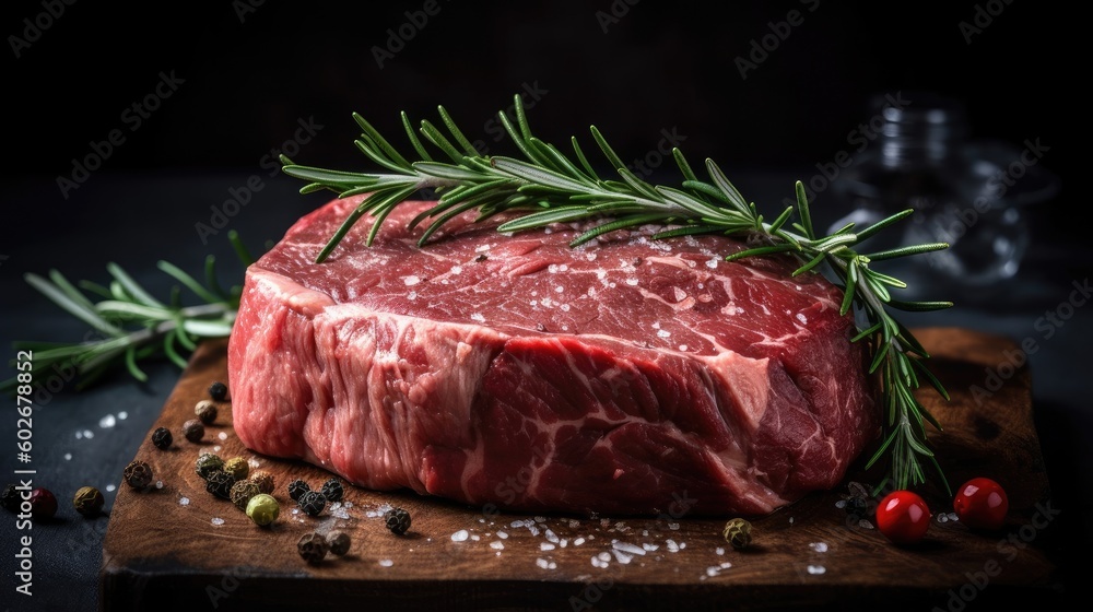 Raw beef steak with rosemary, salt and pepper on black background. Generated AI