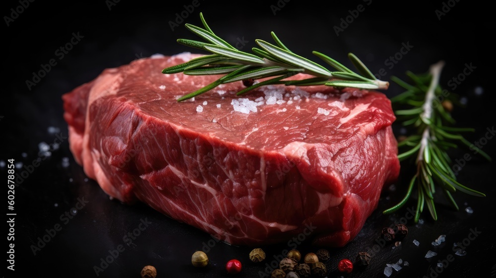 Raw fresh beef steak with rosemary and spices on a dark background. Generated AI