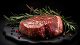 Raw beef steak with rosemary and peppercorns on black background. Generated AI