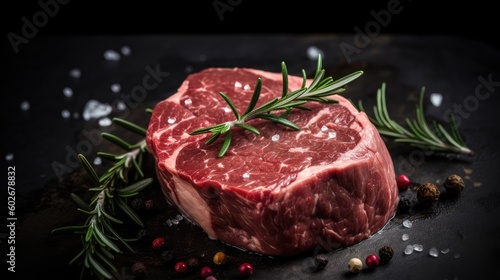 Raw fresh beef steak with rosemary and sea salt on black background. Generated AI