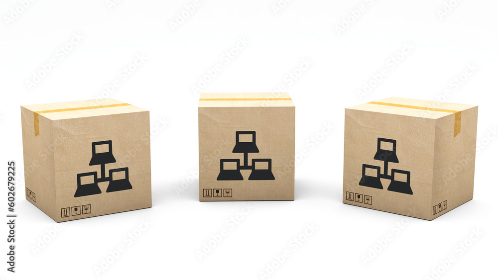 Kraft box stamped with an icon: computer network. Cardboard package made in 3D and rendered in 3 different angles: front, left side, right side. Easy clipping. Kraft box stamped with an icon: computer network. Cardboard package made in 3D and rendered in 3 different angles: front, left side, right side. Easy clipping.