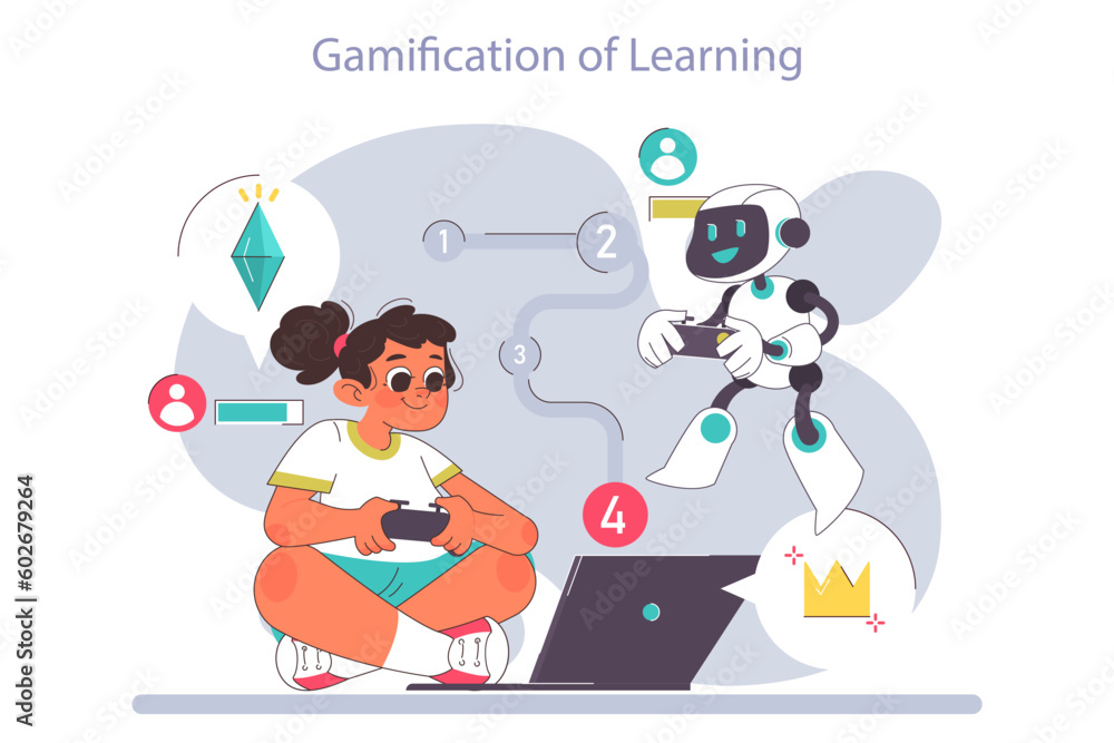 AI in children education. Little school girl gaining knowledge with help