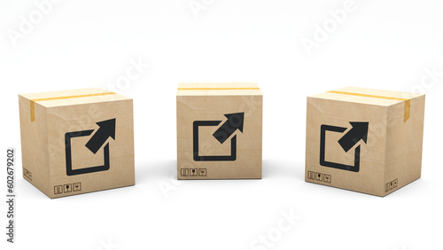 Kraft box stamped with an icon: share. Cardboard package made in 3D and rendered in 3 different angles: front, left side, right side. Easy clipping.