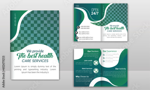 bifold brochure design template for healthcare & medical advertising, Clinic bi fold brochure template. clean, modern, and high-quality curvey shapes,Elements,Editable and customizable design template
