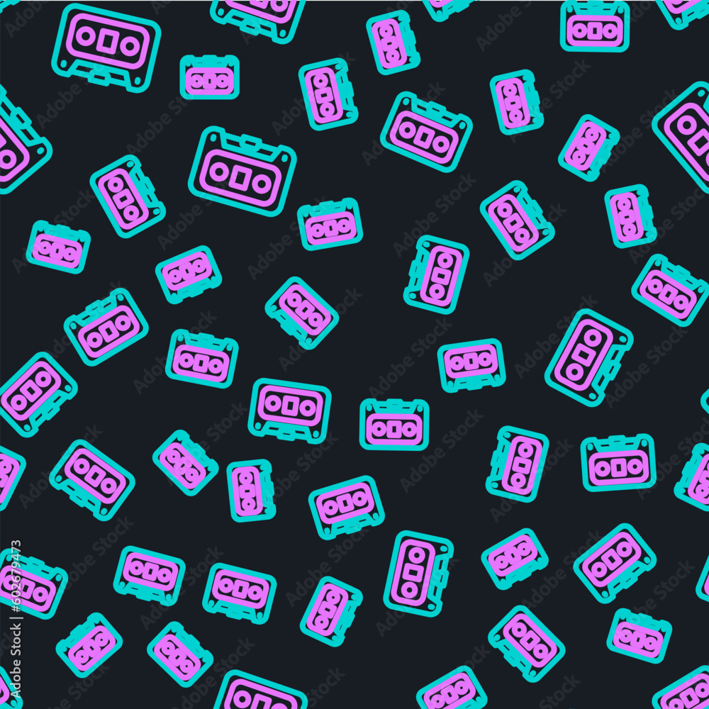 Line Retro audio cassette tape icon isolated seamless pattern on black background. Vector Line Retro audio cassette tape icon isolated seamless pattern on black background. Vector