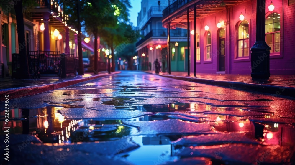 Vibrant and cobblestone street at night after rain with reflection of lights. Generative AI