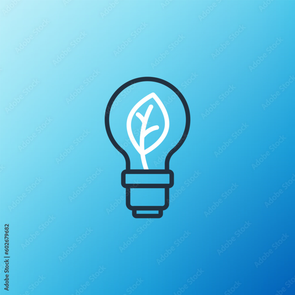 Line Light bulb with leaf icon isolated on blue background. Eco energy concept. Alternative energy concept. Colorful outline concept. Vector Line Light bulb with leaf icon isolated on blue background. Eco energy concept. Alternative energy concept. Colorful outline concept. Vector
