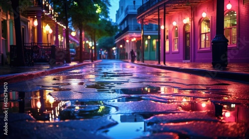 Vibrant and cobblestone street at night after rain with reflection of lights. Generative AI