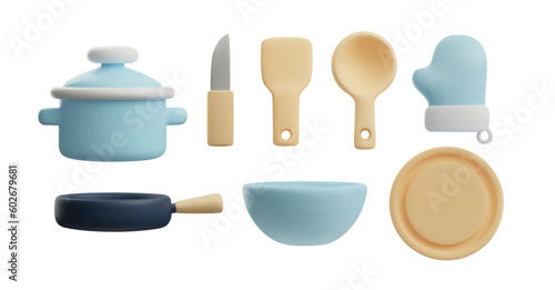 Set of realistic various kitchenware 3D style, vector illustration