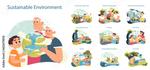 Sustainability set. Climate preservation and people wellbeing practises