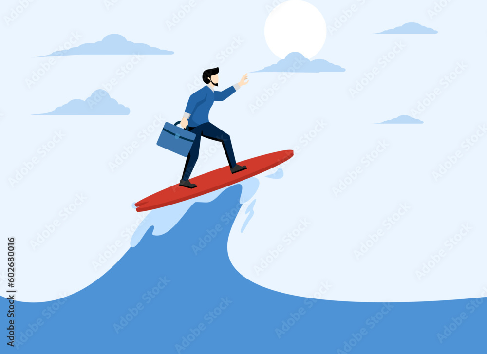 Follow business trend or momentum, professional experienced worker or career development concept, challenge to overcome difficulties, entrepreneur expert surf or ride the wave to success.