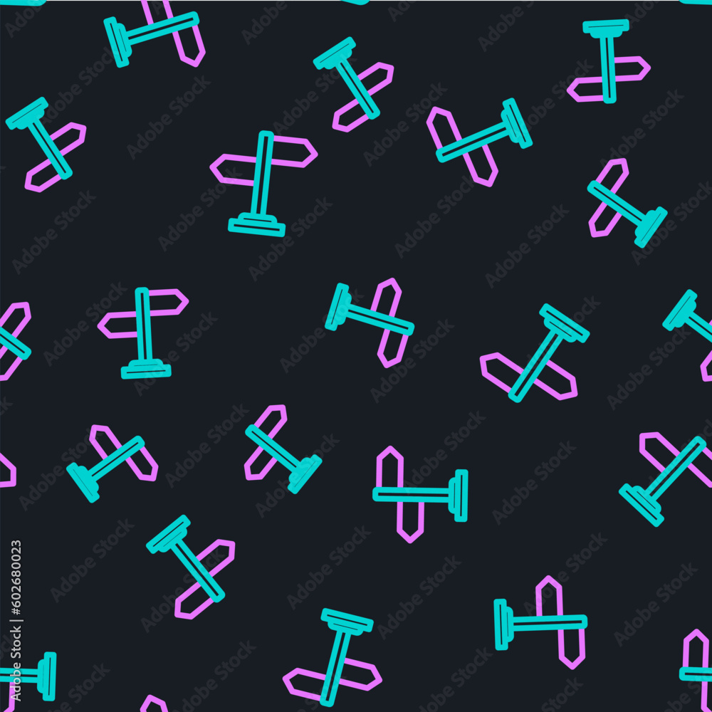 Line Road traffic sign. Signpost icon isolated seamless pattern on black background. Pointer symbol. Isolated street information sign. Direction sign. Vector Line Road traffic sign. Signpost icon isolated seamless pattern on black background. Pointer symbol. Isolated street information sign. Direction sign. Vector