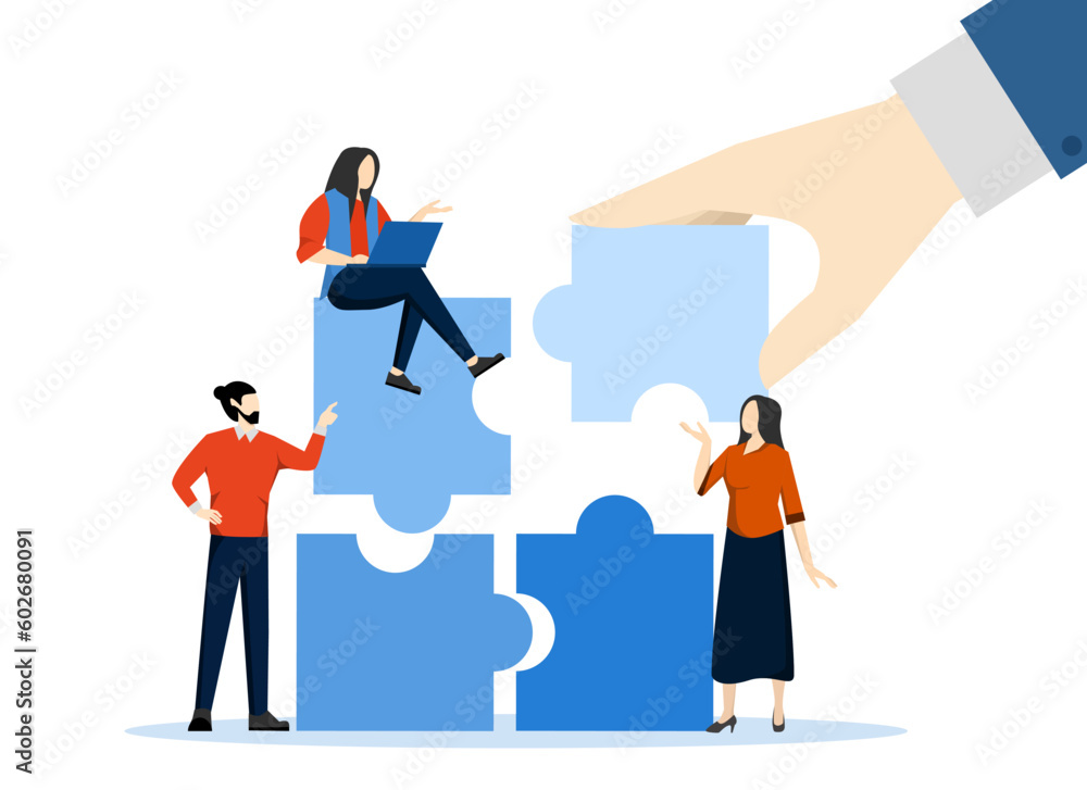 Build your team, help or assist, work together or collaborate for success, lead to develop teamwork or business partners, giant businessman hand linking jigsaw puzzle with office business team.