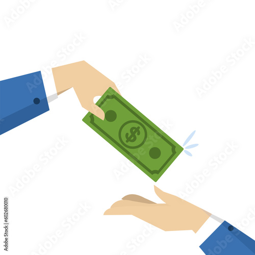Borrow money from friends, debts and loans, concept of credit or loans, payment of incentives or bonuses, businessman's hand giving a banknote to a friend's hand.