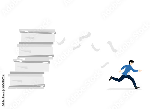 Overworked or overworked, panic attack or shock, stressed and tired from problems and troubles, tired and anxious, exhausted and depression concept, scared businessman running from documents.