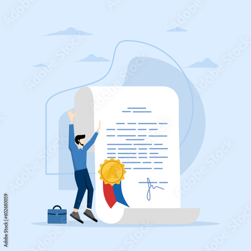 Certificate for taking course, license stamp or education certification guarantee, award for excellent work or diploma document, happy businessman with star certificate paper for work achievement.