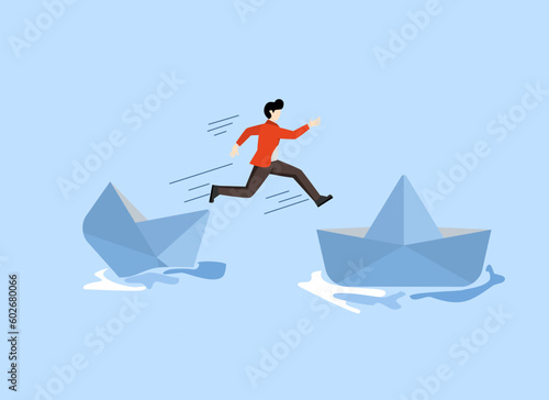 Running away from risk or danger, changing jobs or moving to a new better workplace concept, running away from failure, frustrated businessman jumping to escape from a sinking ship to a better place.