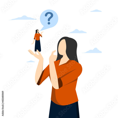 Ask yourself a question, personal development, problem solving concept or review and evaluation, process for self improvement, inquisitive entrepreneur asking himself to answer with big question mark.