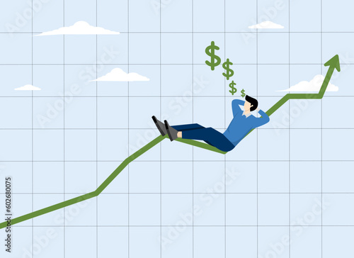 Investment success, earn money trading cryptocurrencies or dream to get rich concept, get more profit or easy growing mutual fund returns, entrepreneur investor relax and sleep on growth charts.