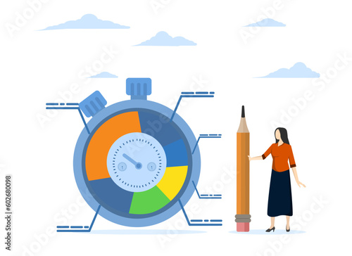 evaluating project efficiency or resource planning, time management system to manage project or productivity, businesswoman standing with stop watch timer spending time pie chart.