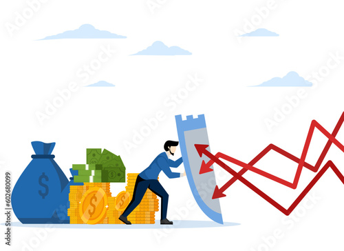 Financial security, defense from cyber attack or economic recession, money loss or wealth protection, strong businessman holding shield to protect against red arrows attacking financial security.