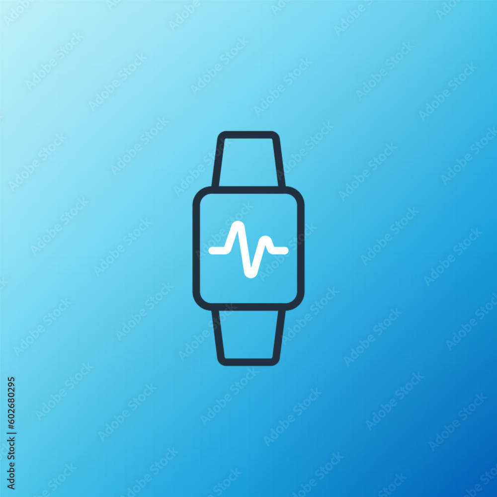 Line Smart watch showing heart beat rate icon isolated on blue background. Fitness App concept. Colorful outline concept. Vector Line Smart watch showing heart beat rate icon isolated on blue background. Fitness App concept. Colorful outline concept. Vector
