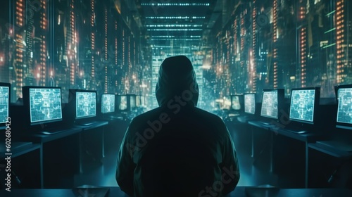 Anonymous hacker and laptops. Concept of hacking cybersecurity, cybercrime, cyberattack