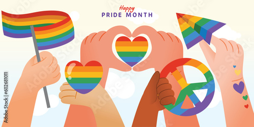 Pride Month Celebration Poster With Hand Gesture Rainbow Flag, Love Sign ,Peaceful Sign, Paper Plane, Vector Illustration
