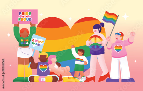 Pride Month Parade Celebration Diversity Character With Rainbow Heart, Vector, Illustration