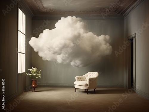 illustrazione di soggiorno surreale con nuvole all'interno, ispirata ai dipinti di bernard smilde, creata con ai photo