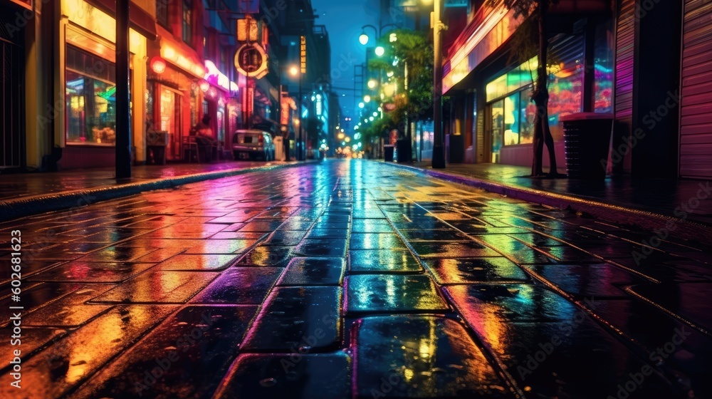 Vibrant and cobblestone street at night after rain with reflection of lights. Generative AI Vibrant and cobblestone street at night after rain with reflection of lights. Generative AI