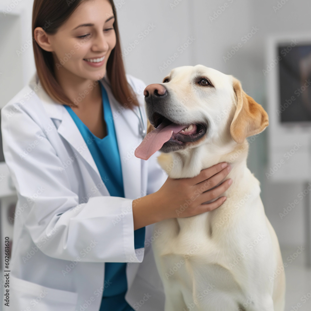 A happy Labrador Retriever is inside a bright dog clinic. The clinic staff miles and is gently petting the dog. AI generative image.