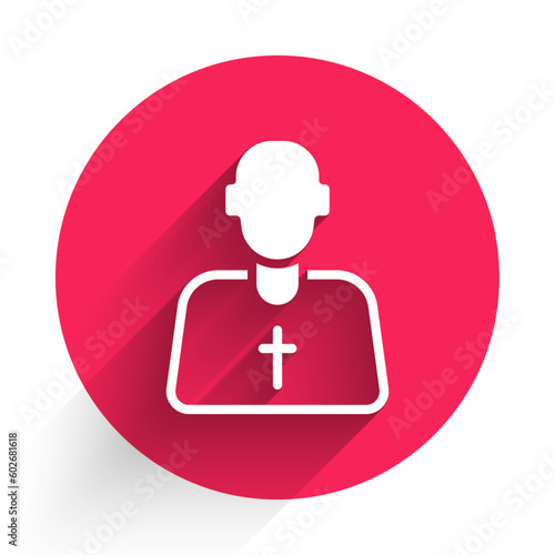 White Priest icon isolated with long shadow. Red circle button. Vector